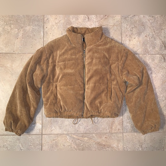 💛 Love Tree Corduroy Cropped Puffer Coat - Golden Tan - Size Large - Picture 2 of 13